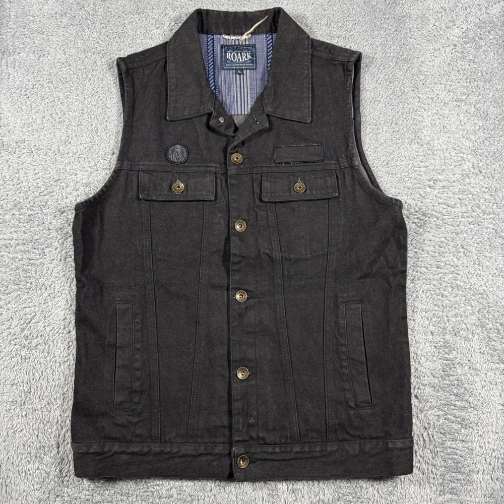 Roark Revival Denim Vest Mens Large Black Trucker Biker Patches Metal Buttons
